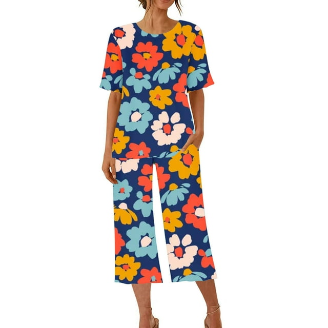 Ensemble de Pyjama pour Femmes Shorts Femmes Imprimé Col Rond Manches Courtes Chemise de Nuit et Ensembles Pantalon Tenue d'Intérieur Pyjamas avec Poches Hauts à Manches Courtes pour Femmes Ensemble de Pyjama pour Femmes Été