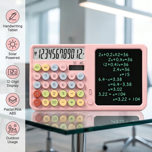 Hendoct Pink ABS 12 Digit Dual Power Silent Calculator, Handwriting Tablet with Stylus, Desk Tool for Office & School Gift