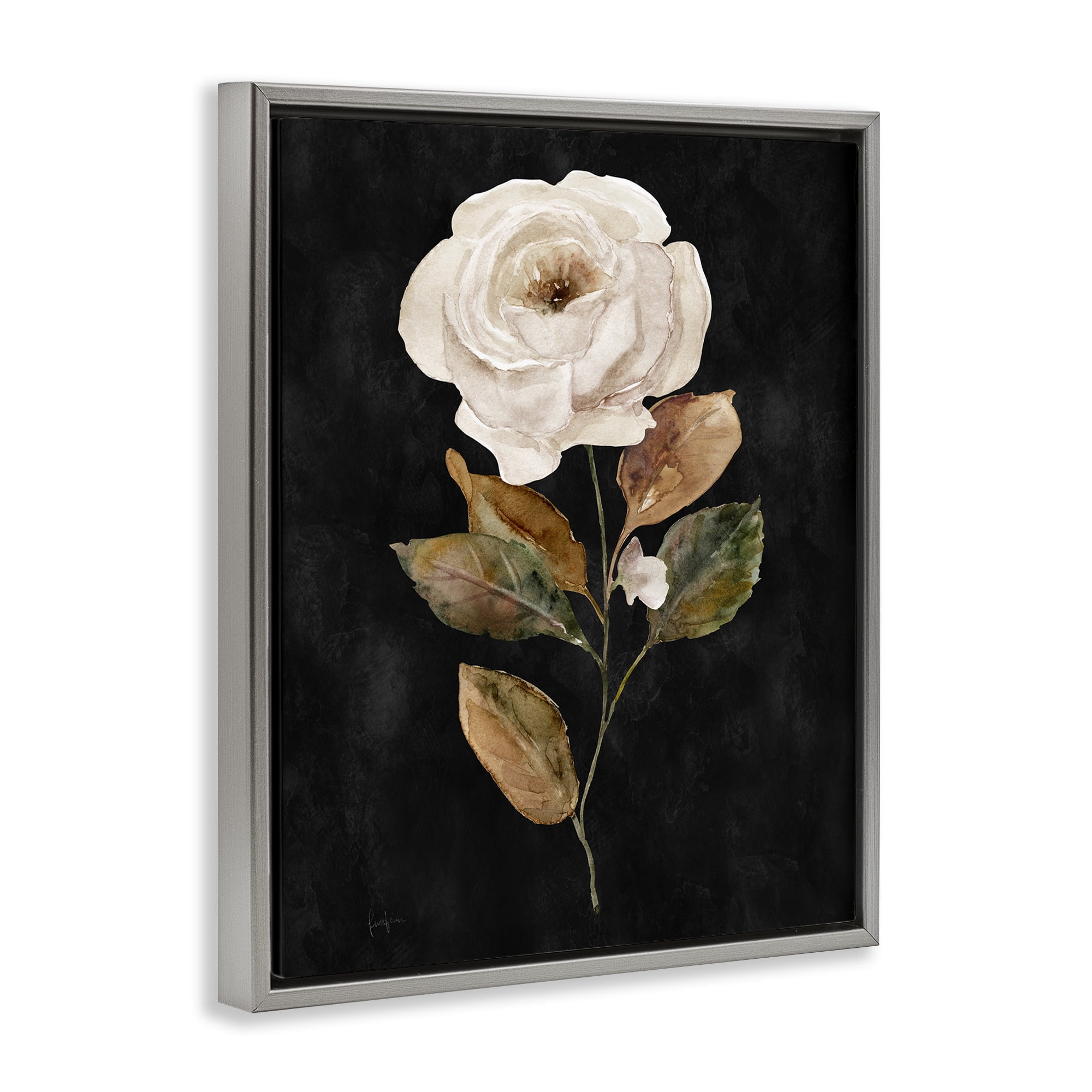 Stupell Industries White Rose on Black Plants & Flowers Painting Gray Floater Framed Canvas Art Print Wall Art, 25 x 31