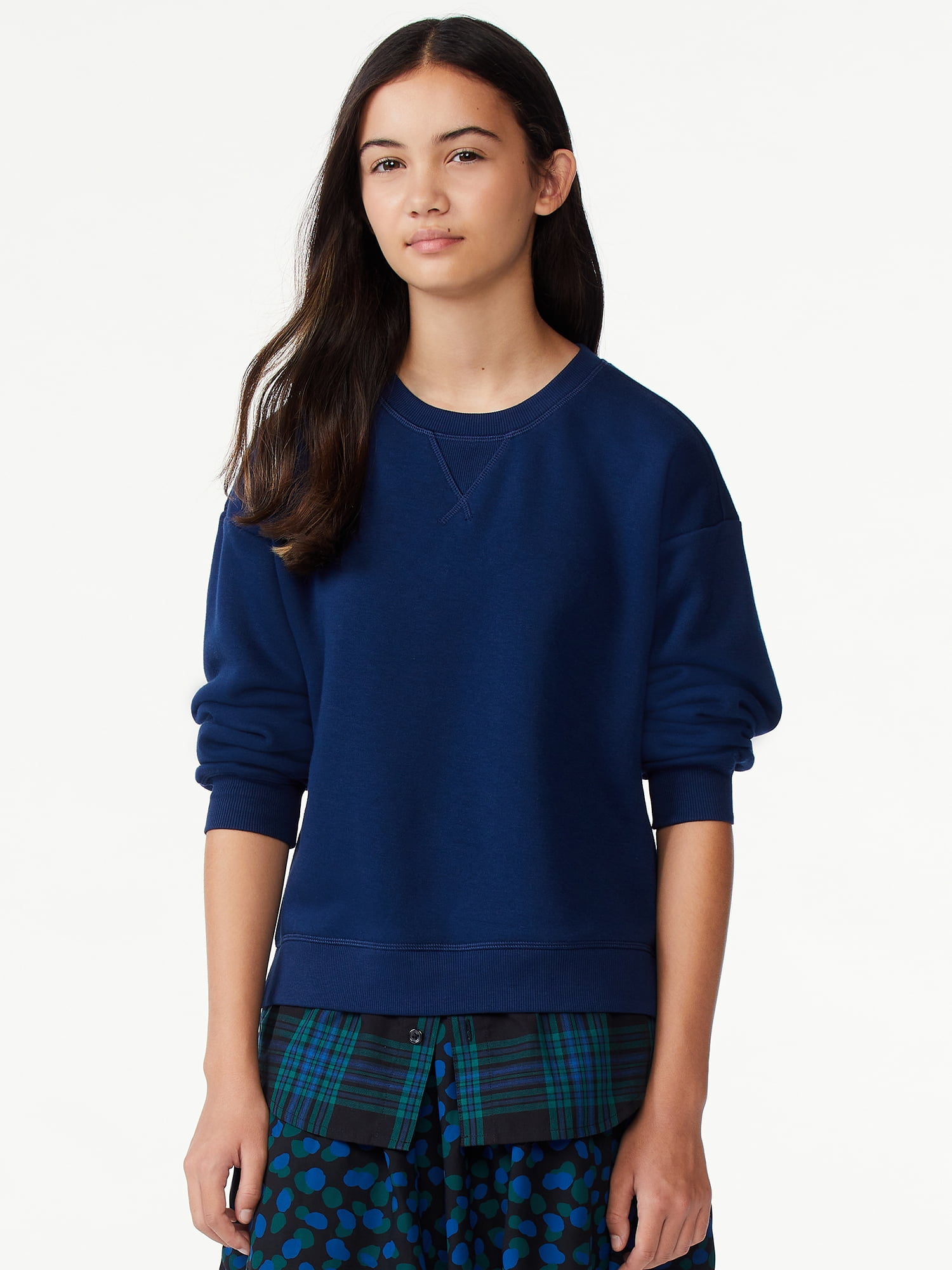 Free Assembly Girls Crewneck Sweatshirt with Woven Shirt Hem, Sizes 4-18