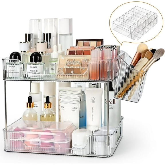 Niulife Makeup Organizer for Vanity,2-Tier Large Acrylic Countertop Organizers,Bathroom Dresser Cosmetic Storage with Lipstick Tray Makeup Brush Holder Organization and Storage for Skincare Perfum