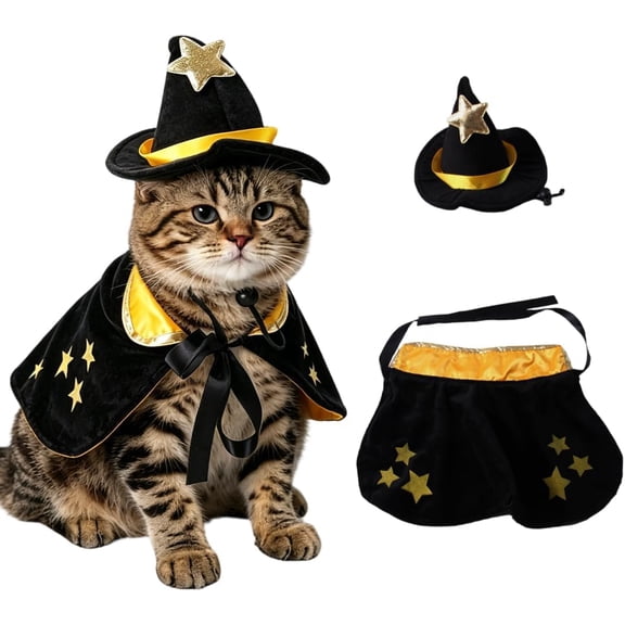 Halloween Cat Costume Wizard Cape with Hat, Sparkly Witch Cloak for Small Dogs, Pet Halloween Costumes Cosplay Accessories for Cats and Puppies