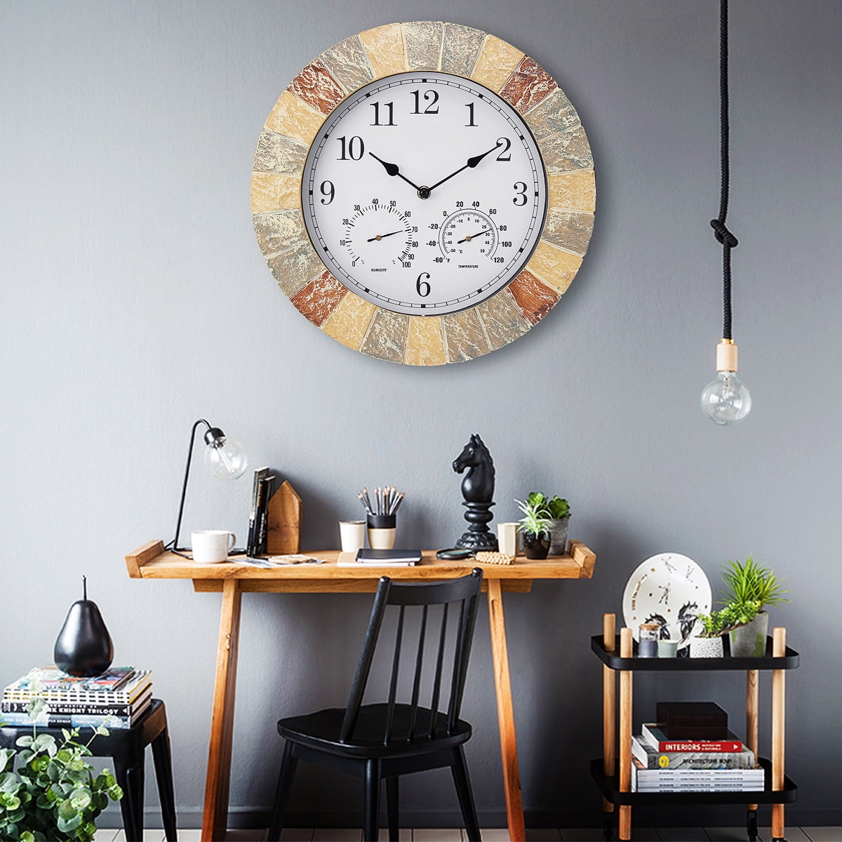 13.4 Inch Slate Effect Outdoor Station Garden Wall Clock Thermometer