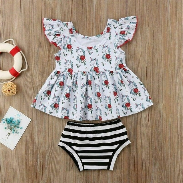 Ensemble de Vêtements Décontractés d'Été 2 Pcs pour Bébé Fille Unicorn avec Robe à Manches Volantes et Shorts Rayés