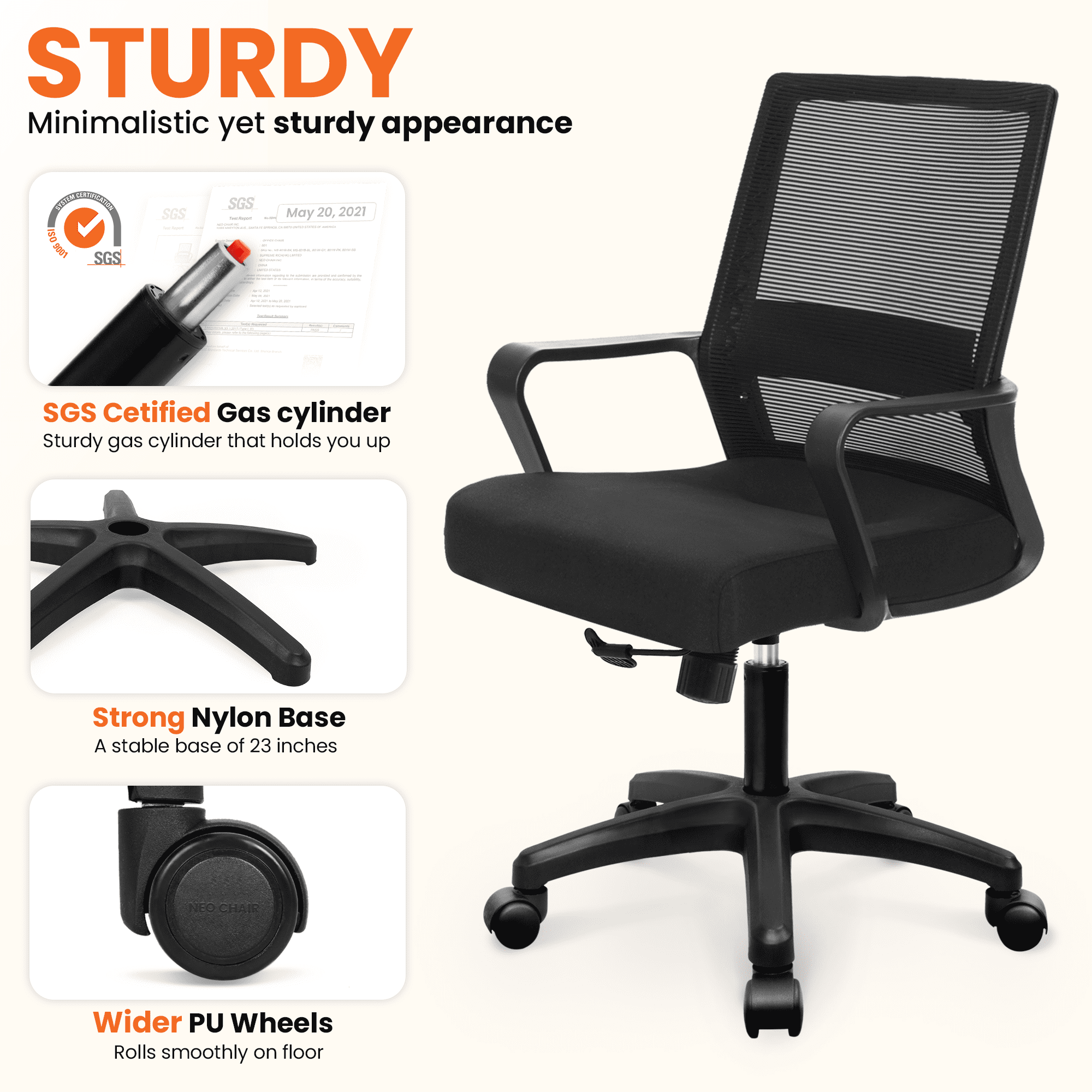 NEO CHAIR Office Chair Gaming Desk Computer Chair Ergonomic Mesh Mid Back with Wheels Lumbar Support Comfy Swivel Adjustable for Home (Black)