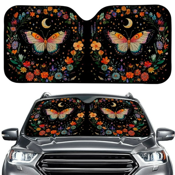 FORUDESIGNS Butterfly Flower Moon Pattern Car Windshield Sun Shade Thickened Windshield Dash Protector, Vehicle Dashboard Shield Car Interior Sun Protection (57.1 x 27.4 inch)