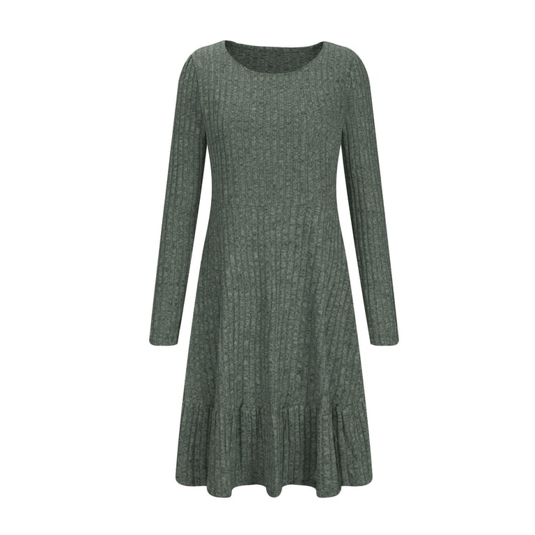 Blczomt Long Sleeve Womens Winter Dress Green Ribbed Knit A Line Flowy Crew Neck Midi Solid Color Dresses, Women's, Size: 4,6,8,10,12,14,16,18,20