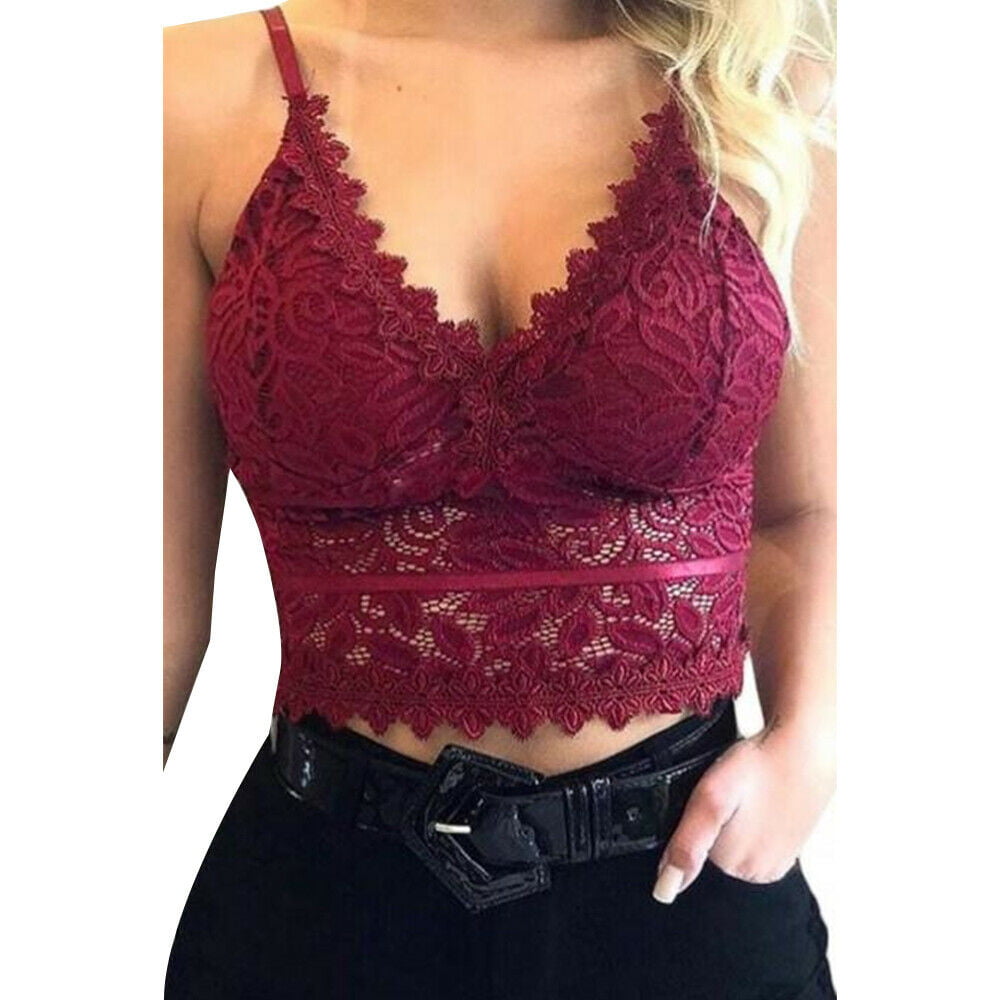 Womens Sexy Floral Lace Bralette V Neck Crop Tops Soft Cami Solid T-Shirts Walmart.com