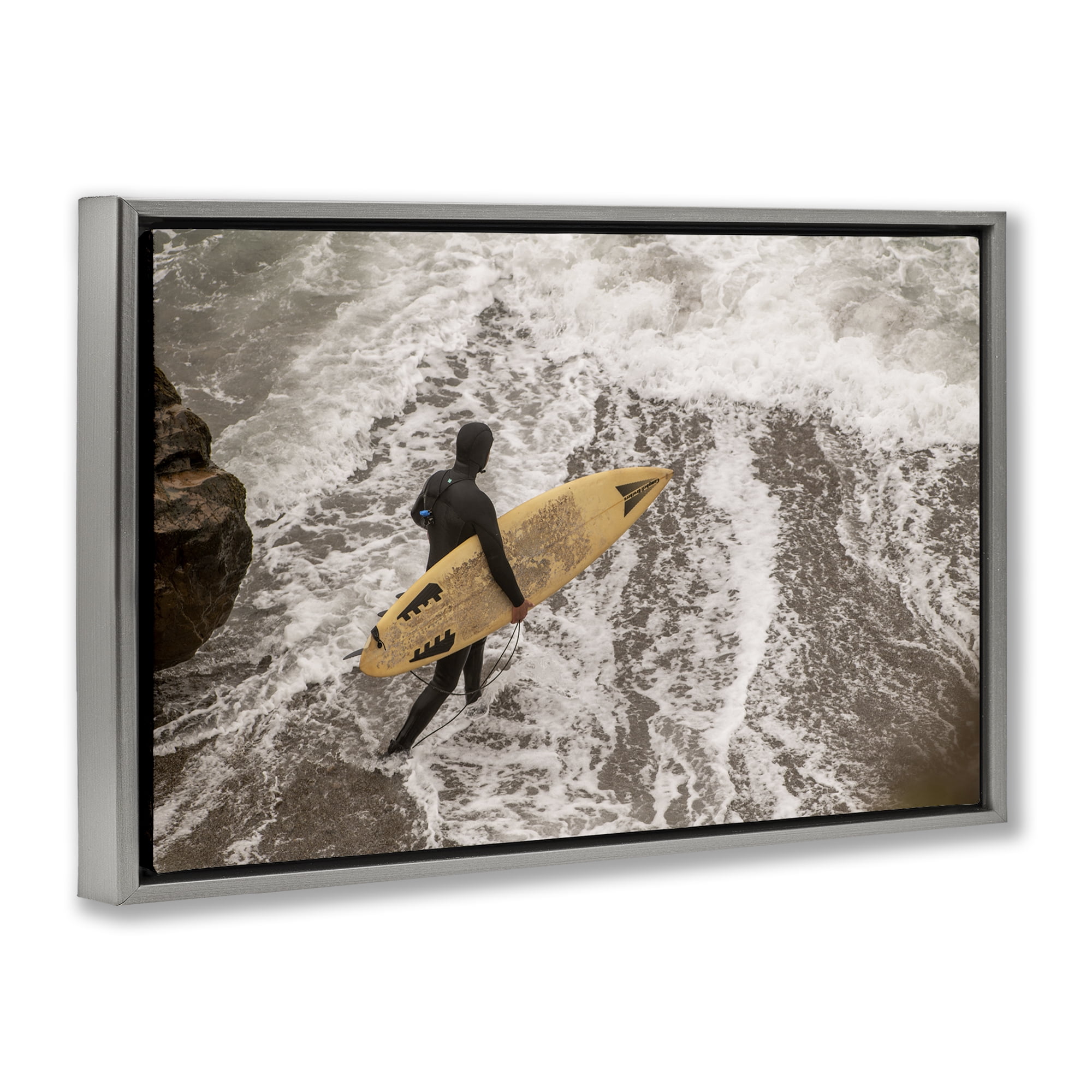 Stupell Industries Surfer Strolling Shore People Photography Gray Floater Framed Canvas Art Print Wall Art, 31 x 21