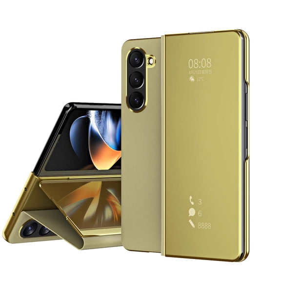 Case Compatible with Apple Samsung Galaxy Z Fold 7 Case with Kickstand, PU Leather, Clear View Mirror Plating Smart Flip Cover Shockproof Protective Cover for Samsung Galaxy Z Fold 7, Gold