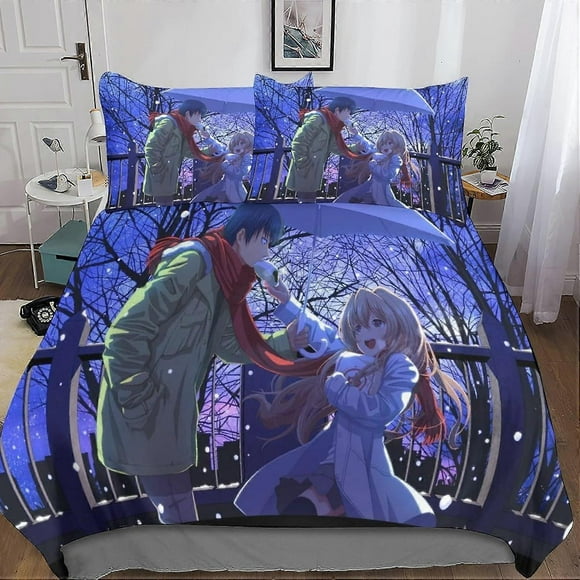 Toradora Bedding Set Tora-Dora 3D Printed Pattern Duvet Cover Zipper Closure with Pillowcases Microfiber for Adults and Children 3 Piece Set(King220x240cm)