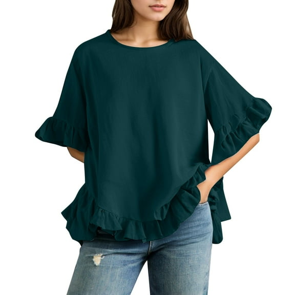 MIXUE Womens Summer Tops Summer Solid Color Linen Loose Fit Ruffled Round Neck Short Sleeve Button Up Pullover Tshirts Activewear,Green,XXL