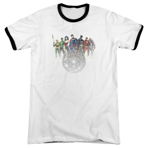 JLA Justice League Circle Crest Adult Ringer T-Shirt White Black