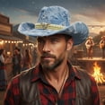 thumbnail image 5 of RUINIXCW Western Denim Cowboy Hat Blue Denim Cowgirl Hat For Man Women Distressed Jean Hat With Bull Head Buckle Belt Wide Brim Outback Hat, 5 of 8
