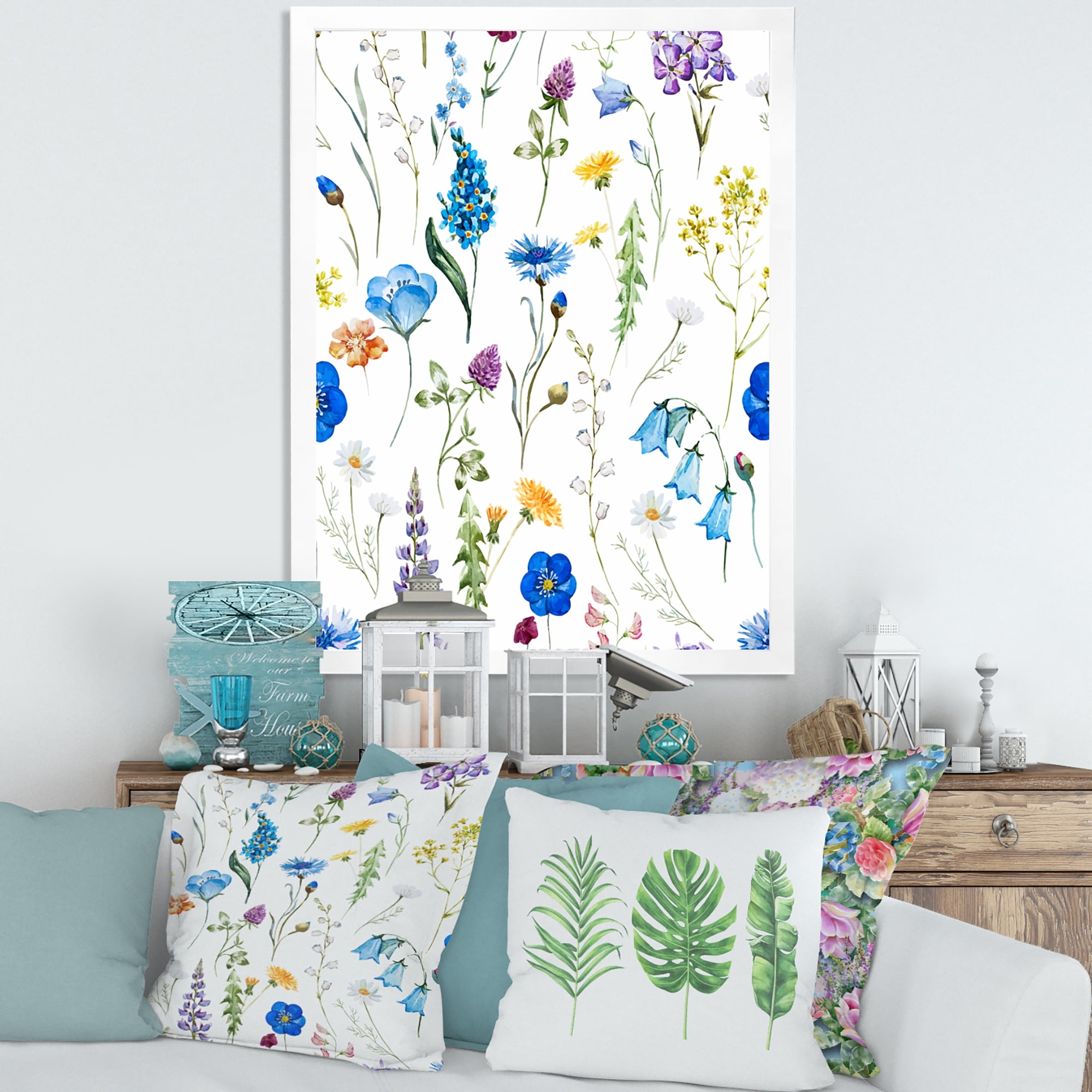 Designart 'Blue Wildflowers With Leaves I' Traditional Framed Art Print