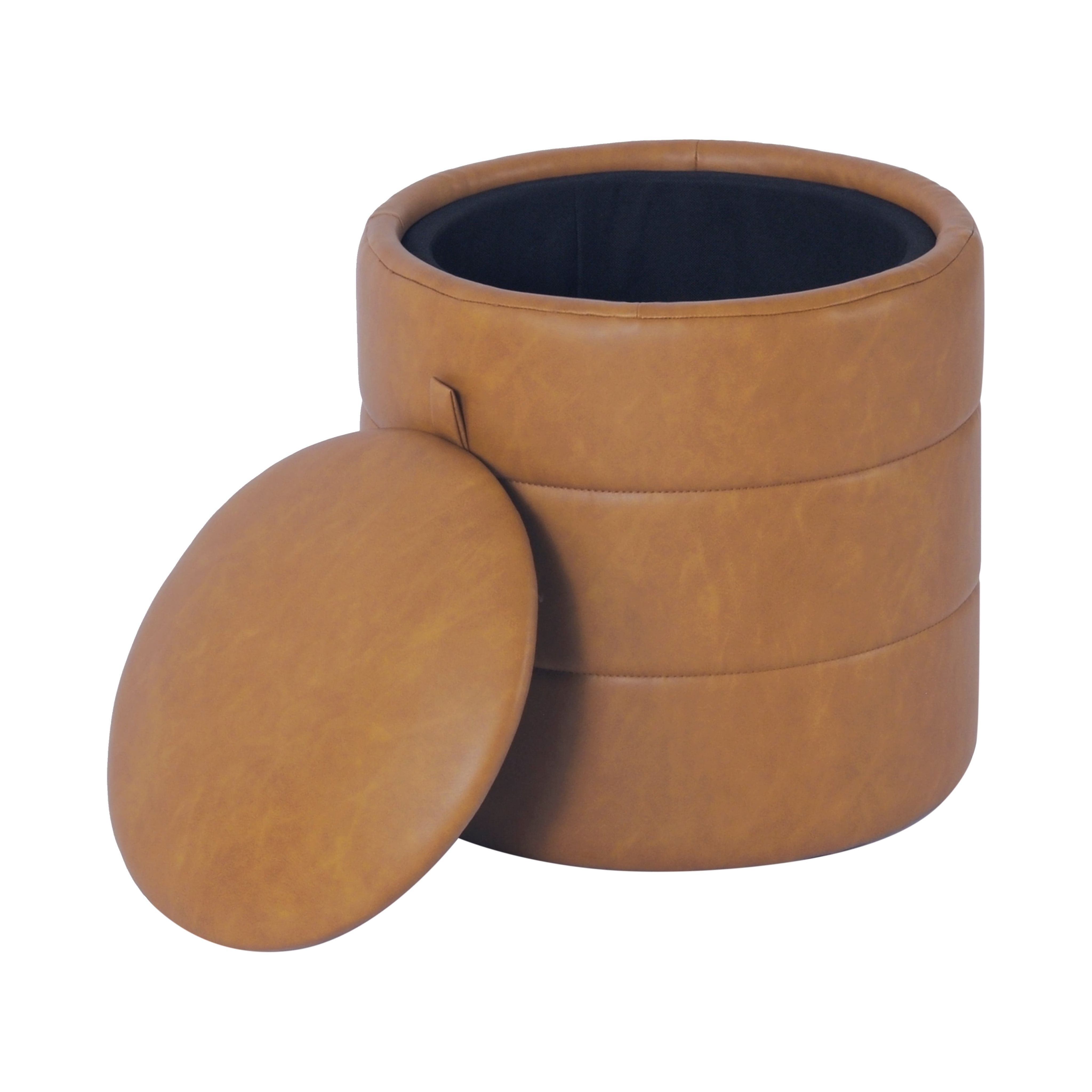 HomePop Round Storage Ottoman, Carmel Faux Leather
