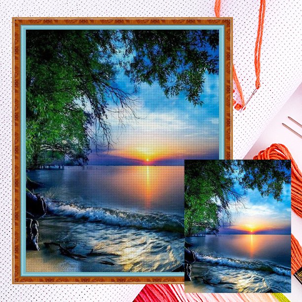 Hilo algodón ecológico bordado Likrtyny 14CT 2 hebras tela blanca 36*46cm kit serie paisajes punto cruz