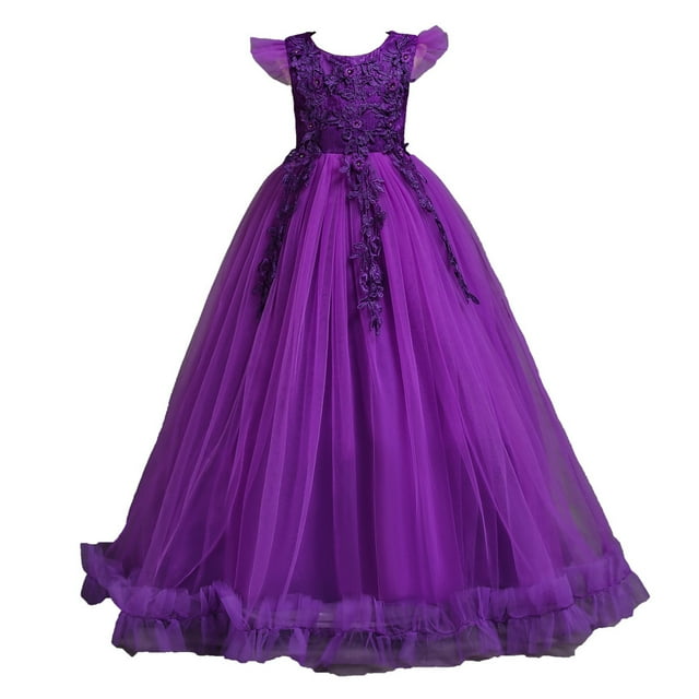 Odeerbi Niñas Verano Tul Encaje Bordado Princesa Vestido Flor Niña Vestido Lazo Ruffle Manga Fiesta Boda Noche Vestido Vestidos Formal