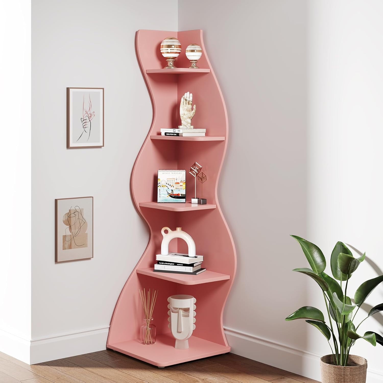 Tribesigns Modern Corner Shelf, 5-Tier Corner Bookshelf WavyBookcase for Small Space, Living Room (Pink)