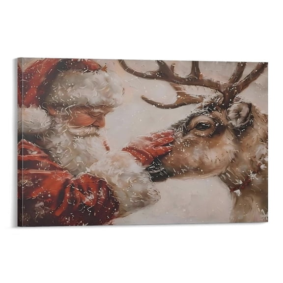 Santa and Reindeer Painting Poster Classic Christmas Canvas Wall Art Snowy Winter Xmas Holiday Decor Rustic Festive Santa Claus Printfor Living Room Bedroom Dorm