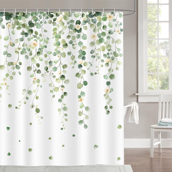 Sage Green Eucalyptus Shower Curtain, Leaf Plant Botanical Flower Bathroom Curtain Fabric Waterproof with 12 Hooks 60x72 in