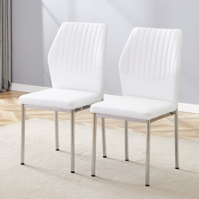 Luxury Simple Chair - Set of 2 White PU Material High Resilience Dining Chair with Metal Silver Leg.The Chair Back Has a Vertical Stripe Design With Smooth And Uniform Lines.
