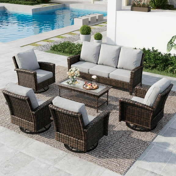 7-Seat Wicker Patio Furniture Set with 4 Swivel Chairs & 3-Seat Sofa with 2 Coffee Table, Outdoor Sectional Conversation Set, Light-gray