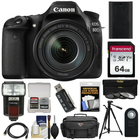 Canon EOS 80D Wi-Fi Digital SLR Camera + EF-S 18-135mm IS USM Lens with 64GB Card + Battery + Case + Flash + Tripod + 3 Filters + Kit