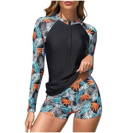 WREESH 2-Piece Women s Zipper Rash Guard Swimsuit Set Long Sleeve Sun Protection Swim Shirt with Boyshorts Bottom  Stretch Bathing Suit for Pool  Surfing & Water Aerobics Orange
