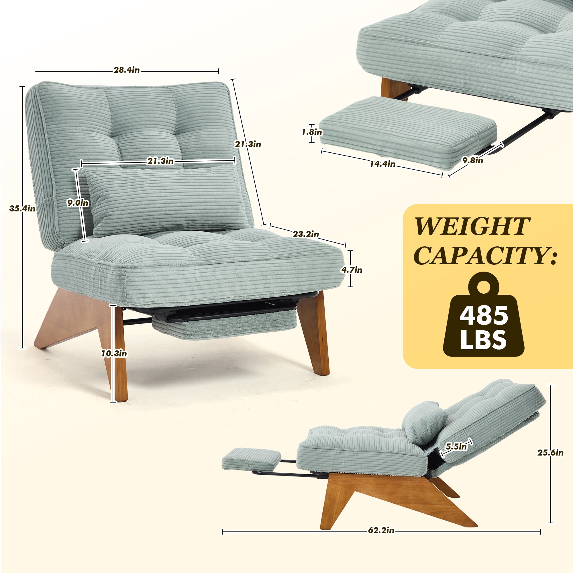MOONMISS Modern Adjustable Lounge Chair with Footrest,Wooden Base Upholstered Recliner for Reading Rest Corduroy