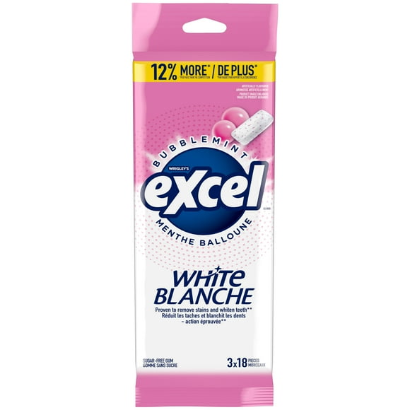 EXCEL White Bubblemint, Teeth Whitening Sugar Free Chewing Gum, 18 Pieces, 3 Packs, 3 Packs, 18Pellets