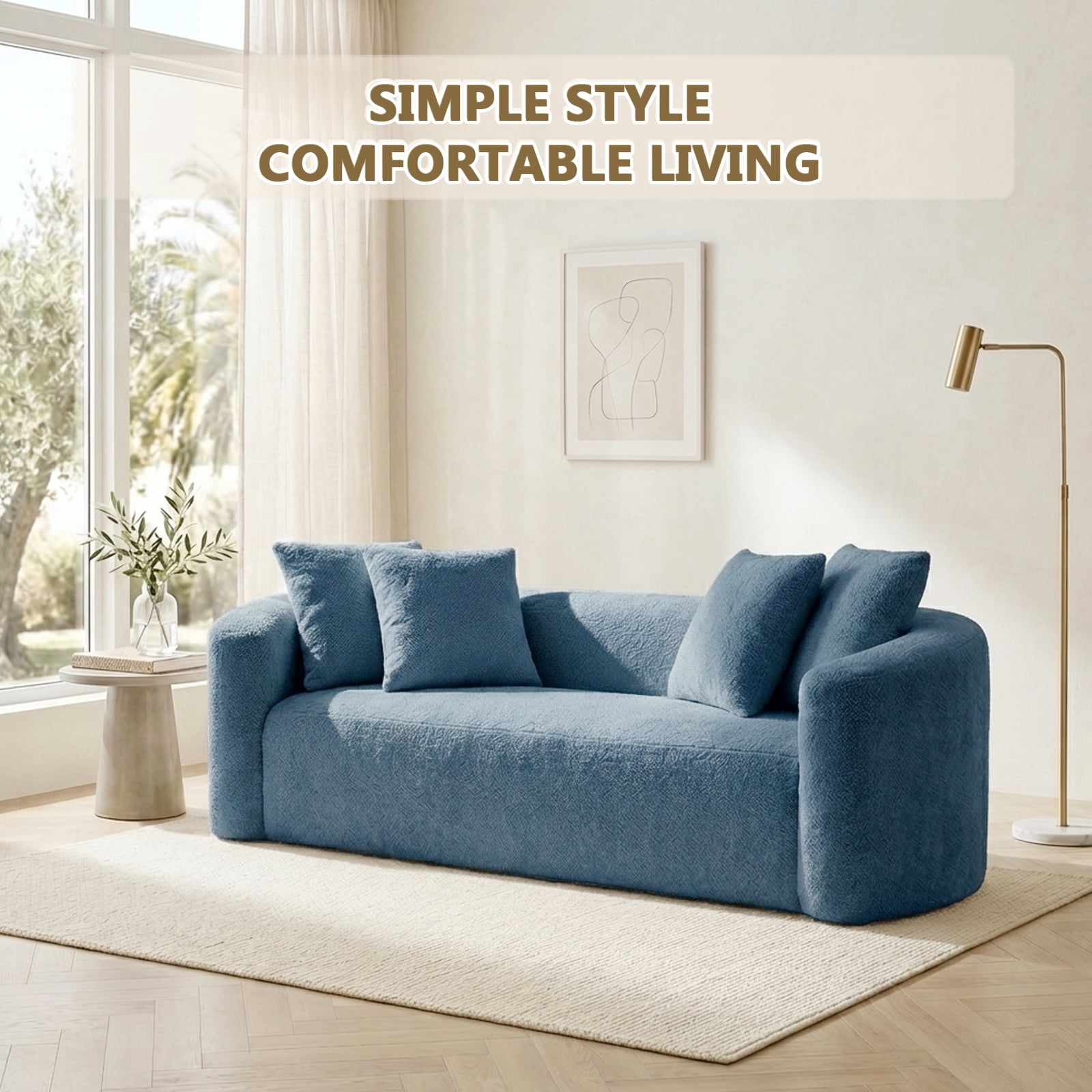 93" Curved Chenille Cloud Couch, No Assembly Boneless Compression Sofa with 28" Deep Seat and 4 Throw Pillows, 4 Seater for Living Room