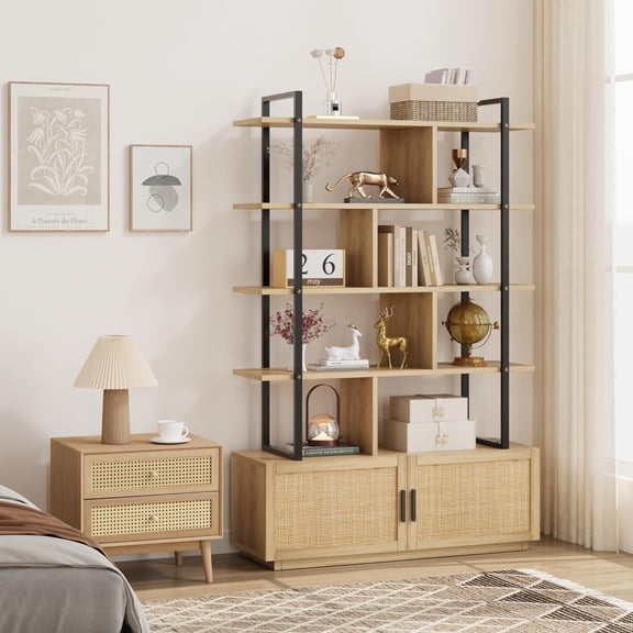Memoryfield 5 Tier Rattan Bookshelf with Storage Cabinet & Door, 71.1" Tall Industrial Bookcase with Open Display Shelves, for Living Room, Bedroom, Natural