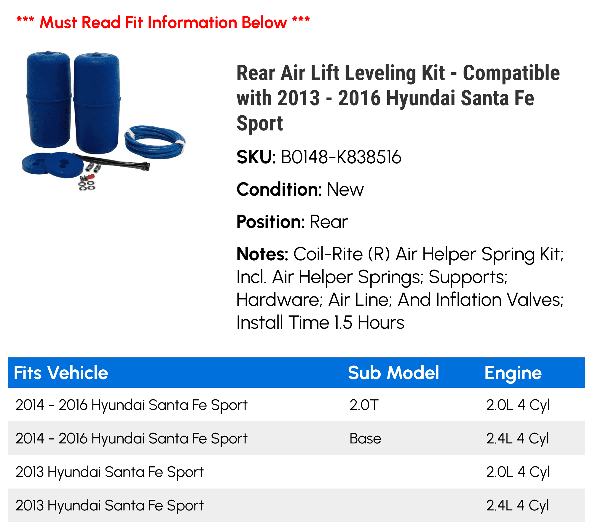 Rear Air Lift Leveling Kit - Compatible with 2013 - 2016 Hyundai Santa Fe Sport 2014 2015