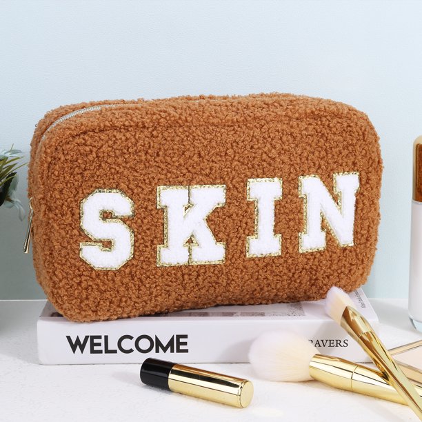 Bolsa de maquillaje con letras de chenilla, bolsa de cosméticos de felpa, bolsa de artículos de tocador de viaje (marrón)