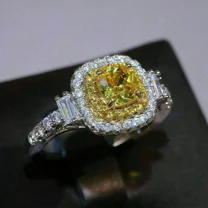 RKC 2Ct Cushion Lab Created Yellow Sapphire Engagement Ring 14K White Gold Plated