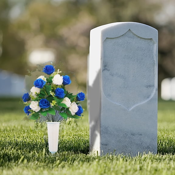 Blue White Artificial Rose Grave Flowers with Ground Stake Vase, Long Lasting Memorial Cemetery Bouquet for Tombstone Yard Grave Decor Sympathy Remembrance Gift