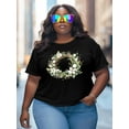 thumbnail image 3 of Women's T-Shirt Wreath Floral Short Sleeve Casual Tee Classic Crew Neck T Shirt for Women Black, 5XL, 3 of 7