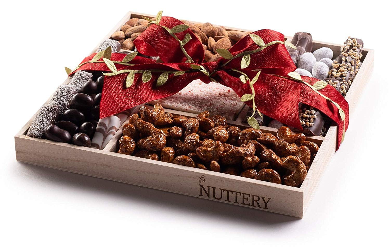 *giftsgreattaste.com-holiday gift baskets Nuttery Gourmet Chocolate & Nuts 5 Section Holiday Gift Tray- Elegant Christmas Assorted Candy