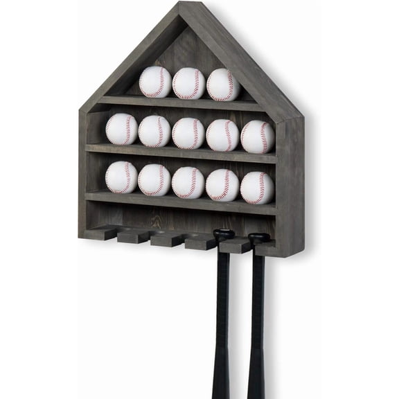 MyGift Vintage Gray Wood Home Plate-Shaped Wall Mounted Baseball and Bat Storage Display Shelf Rack