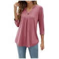 thumbnail image 2 of Xijirk Women's Plus Size Pullover Tops V Neck Elegant Three Quarter Sleeves Buckle Pleated Design Women's Plus Size Pullover Tops for Daily Wear,Pink,M, 2 of 9