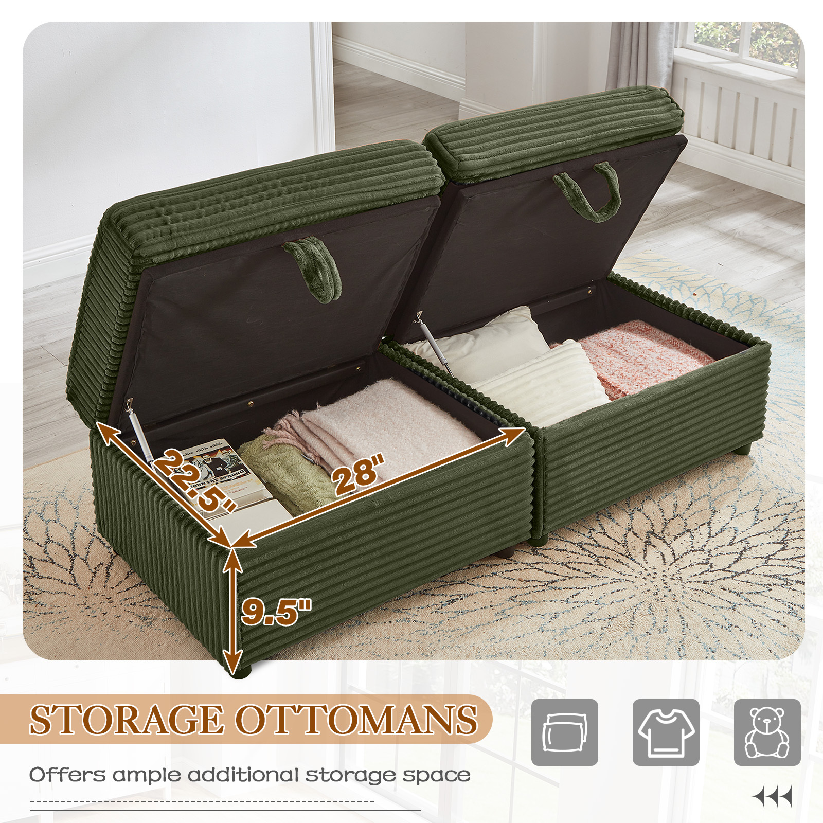 Muumblus Loveseat Sectional Sofa with 2 Storage Ottomans, Modular Cloud Couch with 2 Side Tables & USB, Plush Double Chaise Lounge Sofa Bed Indoor, Green Corduroy