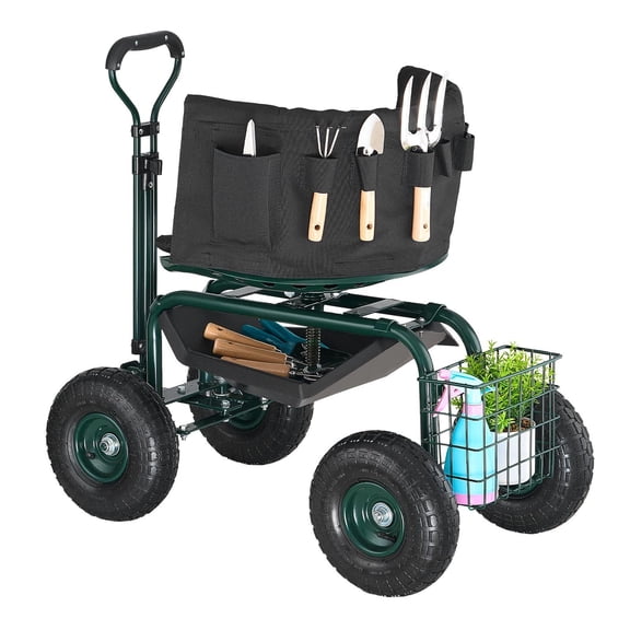 Rolling Garden Cart with Swivel Seat, Backrest, Toolbox & Adjustable Handle – All-in-One Mobile Gardening Station