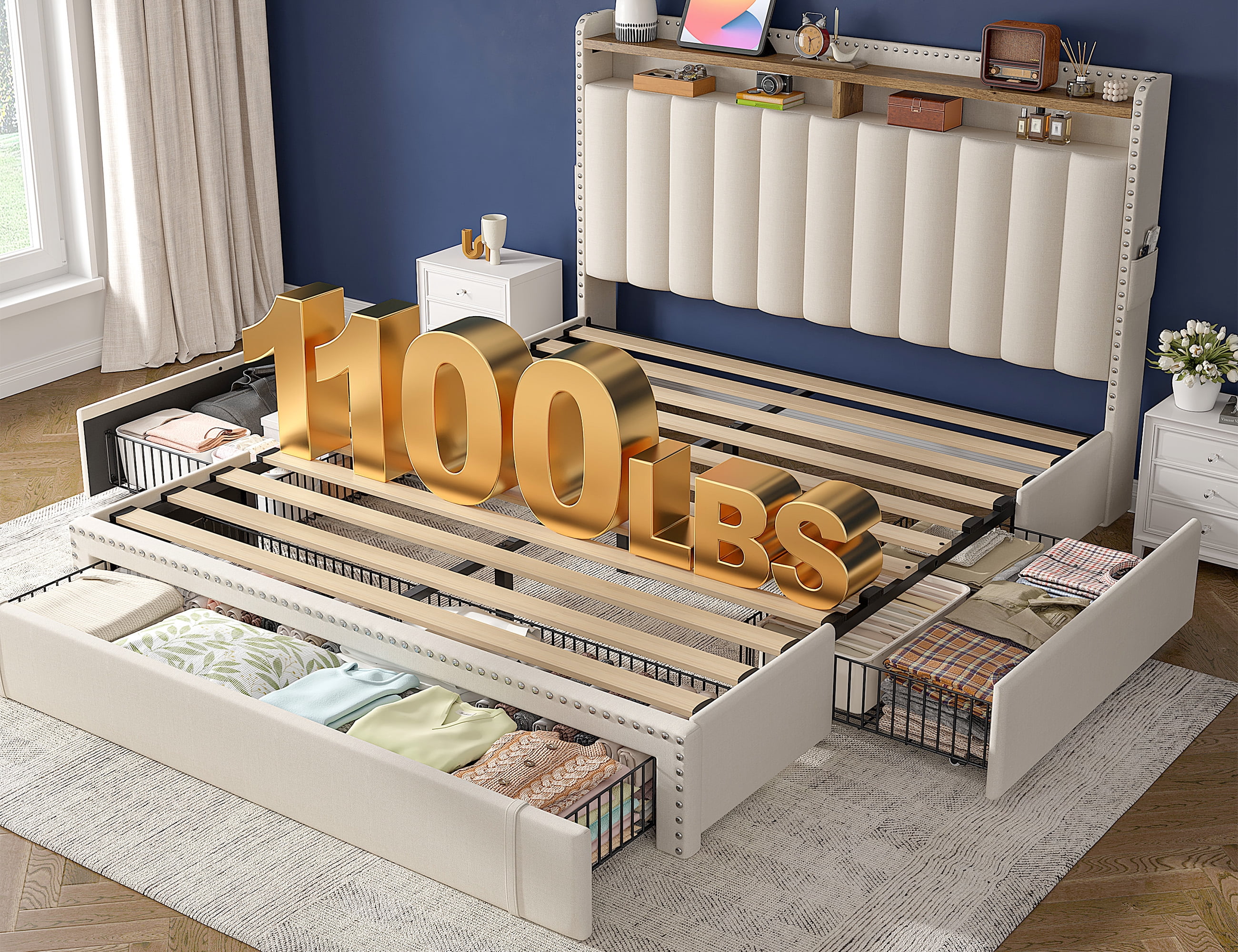 EnHomee Queen Platform Bed Frame with 3 Storage Drawers Queen Upholstered Bed Frame with 2-Tier Headboard Noise Free, Beige