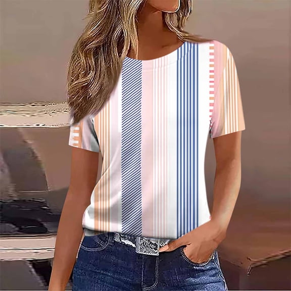 Blmnix Pullover Tshirts for Women Graphic T Shirts Striped Shirt Top Pink Short Sleeve Crew Neck Spring Shirts for Women,XXXL