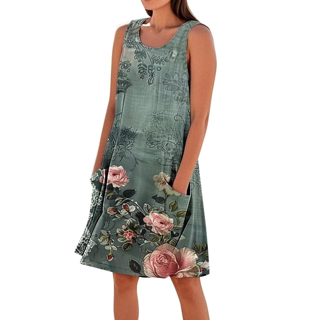 UPPADA Robes Grande Taille pour Femmes aux Formes Imprimé Floral Sans Manches Robes Midi d'Été Col Ras du Cou Robe Débardeur en Coton et Lin Ample Robes de Plage pour Vacances avec Poches Articles en Rabais Multicolore,P