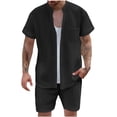 thumbnail image 3 of VBTAPA Mens Summer Beach Outfits 2 Piece Button Down Shirt and Shorts Sets Casual Vacation Set Resort Wear Black XL, 3 of 7