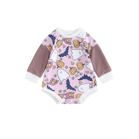 

Baby Girls Boys Sweatshirts Rompers Halloween Clothes Pumpkin/Ghost Print Waffle Patchwork Long Sleeve Jumpsuits Fall Bodysuits