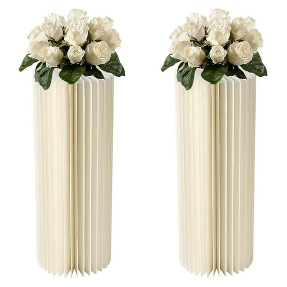 Foldable Paper Columns 2 Pcs Display Pedestals, Cream White Wedding Centerpieces Display, Cylinder Flower Stand, Paper Pillar for Engagement Birthday Party Decoration - XL