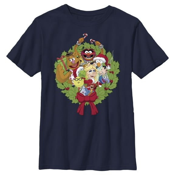 Boy's The Muppets Christmas Wreath Group Shot  Graphic Tee Athletic Heather Small